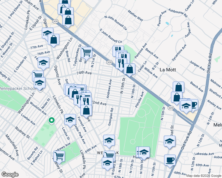 map of restaurants, bars, coffee shops, grocery stores, and more near 1943 73rd Avenue in Philadelphia
