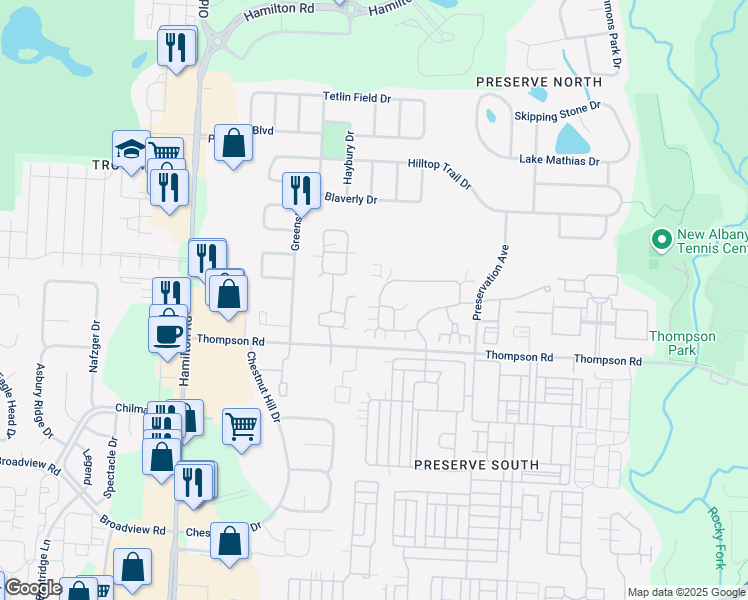 map of restaurants, bars, coffee shops, grocery stores, and more near 4248 Bridgelane Place in New Albany