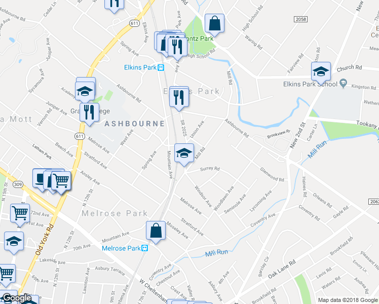 map of restaurants, bars, coffee shops, grocery stores, and more near 7609 Montgomery Avenue in Elkins Park