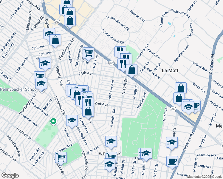 map of restaurants, bars, coffee shops, grocery stores, and more near 1949 73rd Avenue in Philadelphia