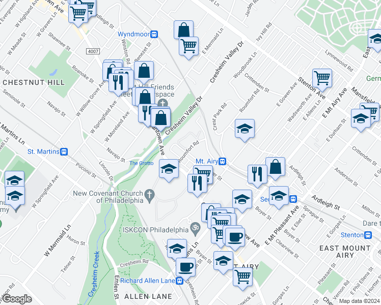 map of restaurants, bars, coffee shops, grocery stores, and more near 100 Roumfort Road in Philadelphia