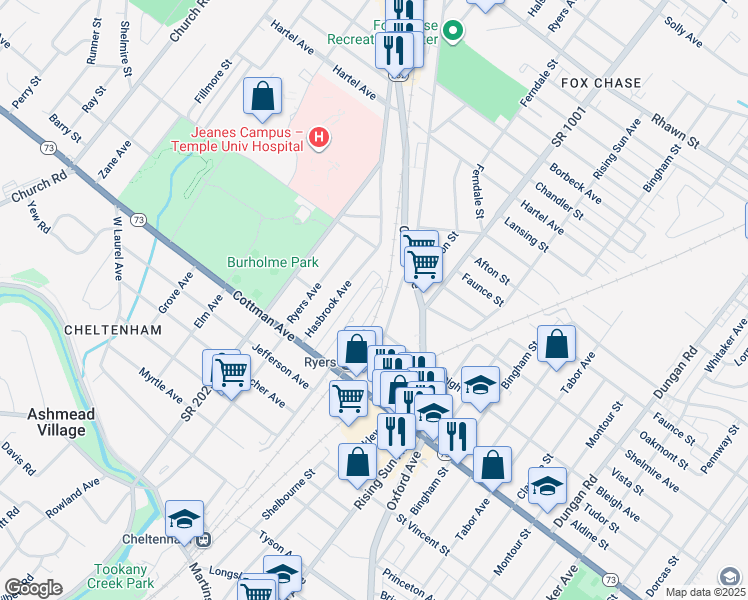 map of restaurants, bars, coffee shops, grocery stores, and more near 7365 Shelbourne Street in Philadelphia
