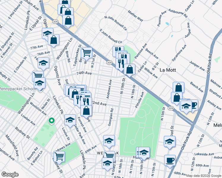map of restaurants, bars, coffee shops, grocery stores, and more near 1943 73rd Avenue in Philadelphia