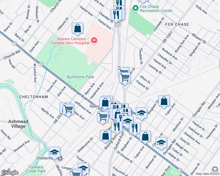 map of restaurants, bars, coffee shops, grocery stores, and more near 7365 Shelbourne Street in Philadelphia