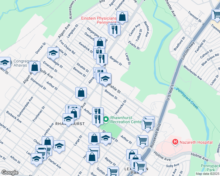 map of restaurants, bars, coffee shops, grocery stores, and more near 2120 Strahle Street in Philadelphia