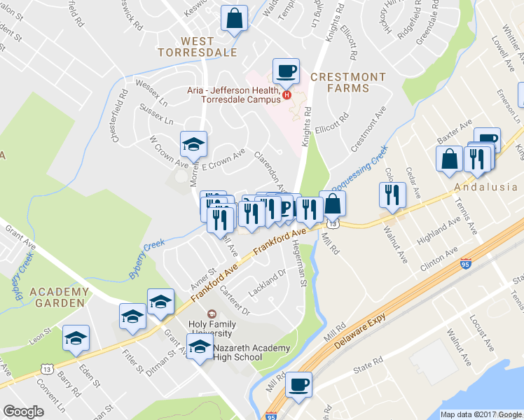 map of restaurants, bars, coffee shops, grocery stores, and more near 9953 Crestmont Avenue in Philadelphia