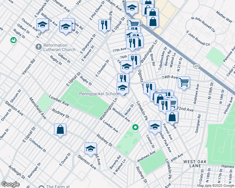 map of restaurants, bars, coffee shops, grocery stores, and more near 1859 E Washington Ln in Philadelphia