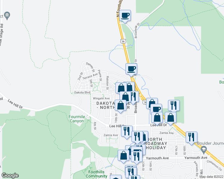map of restaurants, bars, coffee shops, grocery stores, and more near 850 Laramie Boulevard in Boulder