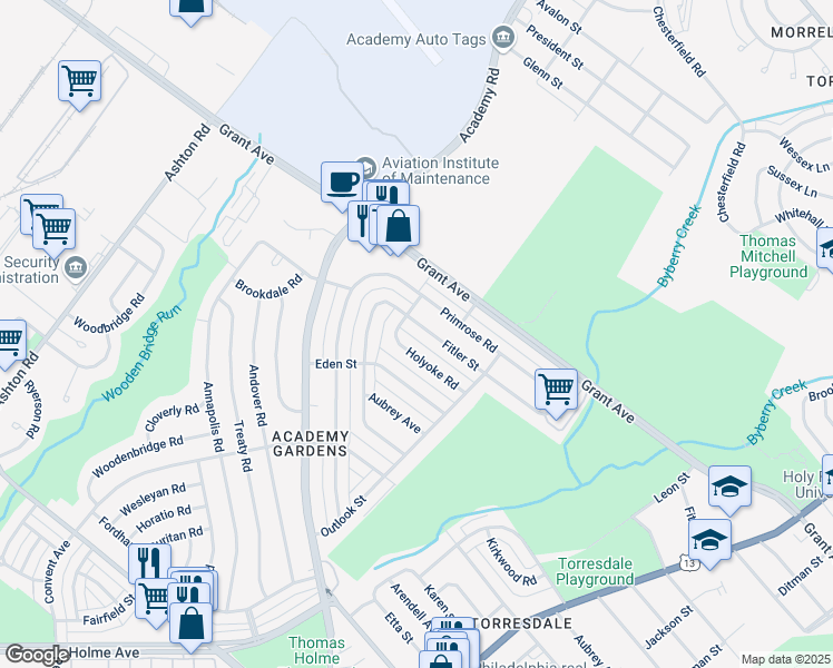 map of restaurants, bars, coffee shops, grocery stores, and more near 3414 Primrose Road in Philadelphia