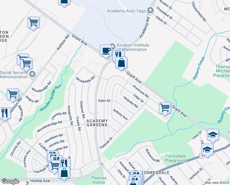 map of restaurants, bars, coffee shops, grocery stores, and more near 9441 Lansford Street in Philadelphia