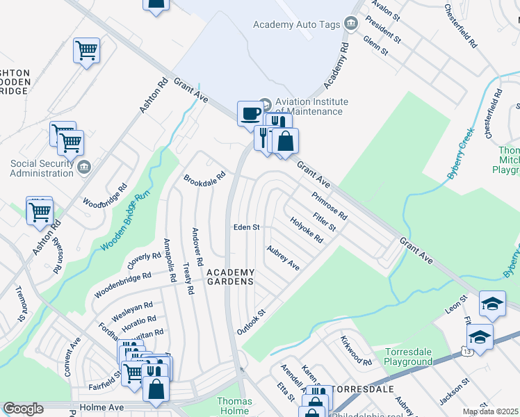 map of restaurants, bars, coffee shops, grocery stores, and more near 9441 Lansford Street in Philadelphia
