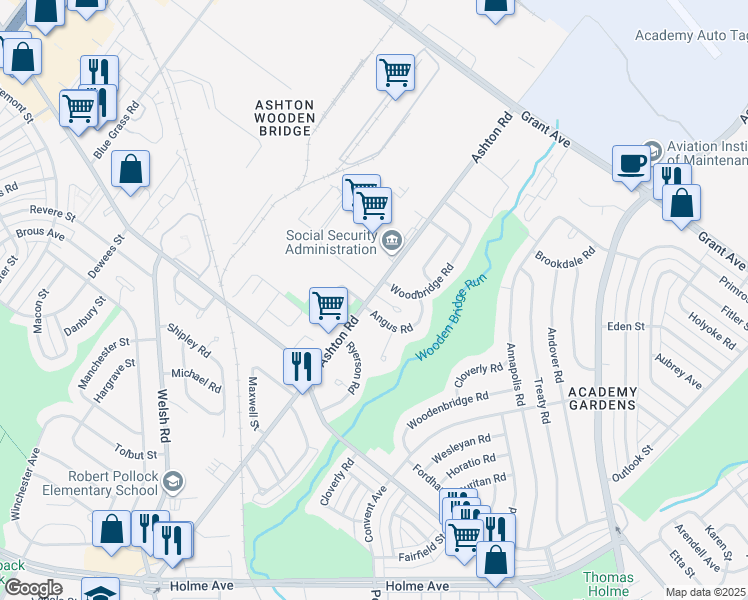 map of restaurants, bars, coffee shops, grocery stores, and more near 9300 Ashton Road in Philadelphia