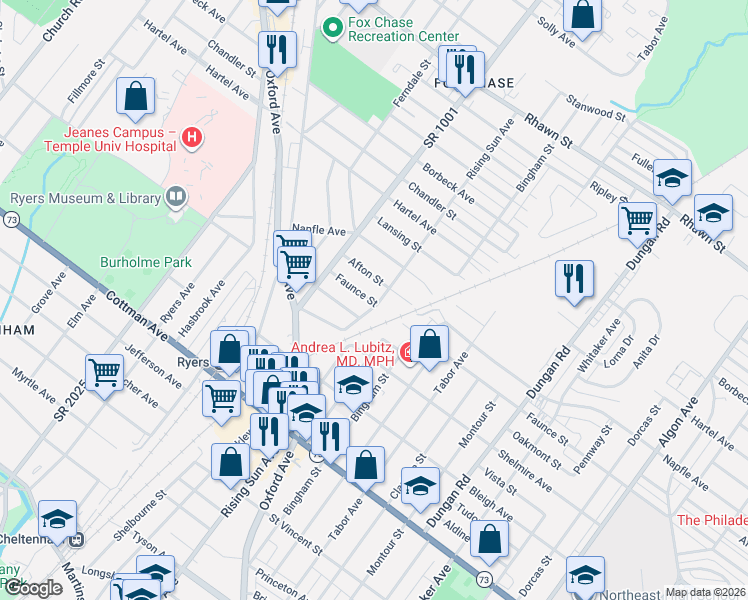 map of restaurants, bars, coffee shops, grocery stores, and more near 7624 Rising Sun Avenue in Philadelphia