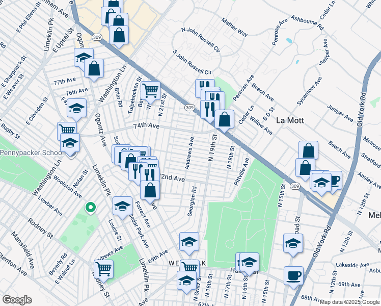 map of restaurants, bars, coffee shops, grocery stores, and more near 1949 73rd Avenue in Philadelphia