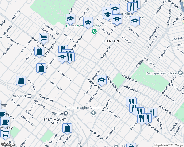 map of restaurants, bars, coffee shops, grocery stores, and more near 936 Vernon Road in Philadelphia