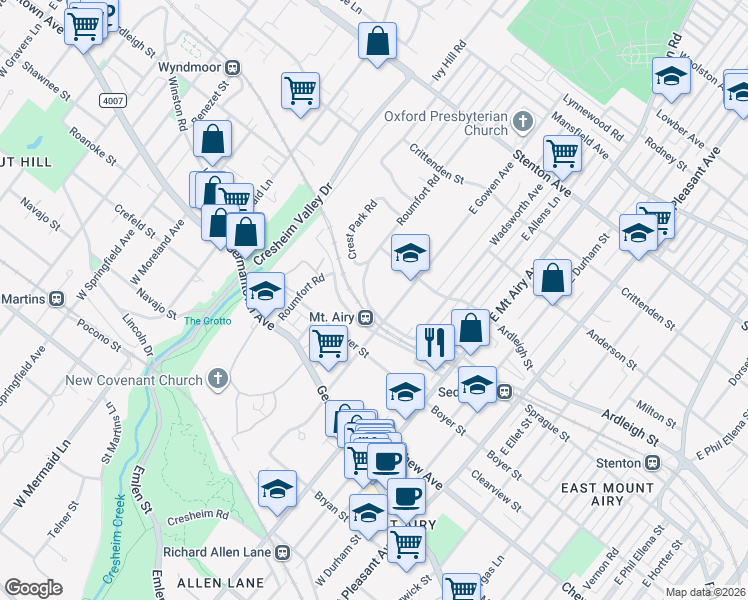 map of restaurants, bars, coffee shops, grocery stores, and more near 7430 Ardleigh Street in Philadelphia
