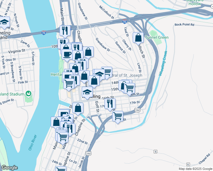 map of restaurants, bars, coffee shops, grocery stores, and more near 30 13th Street in Wheeling