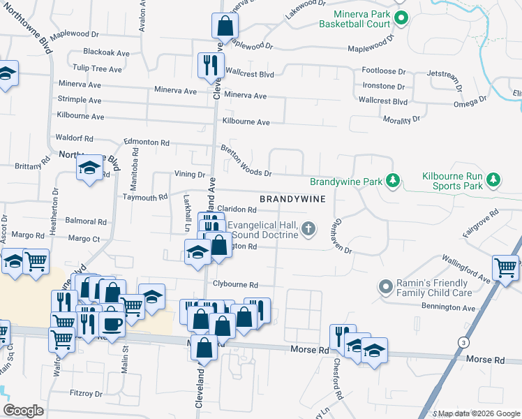 map of restaurants, bars, coffee shops, grocery stores, and more near 2583 Northwold Road in Columbus