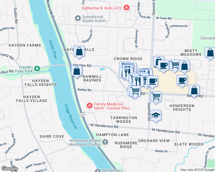map of restaurants, bars, coffee shops, grocery stores, and more near 5476 Kenneylane Boulevard in Columbus