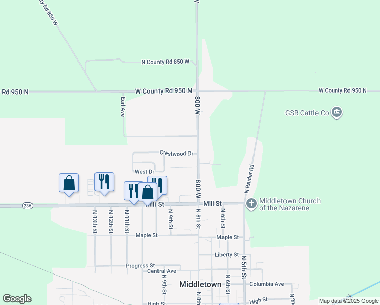 map of restaurants, bars, coffee shops, grocery stores, and more near 9287 North County Road 800 West in Middletown