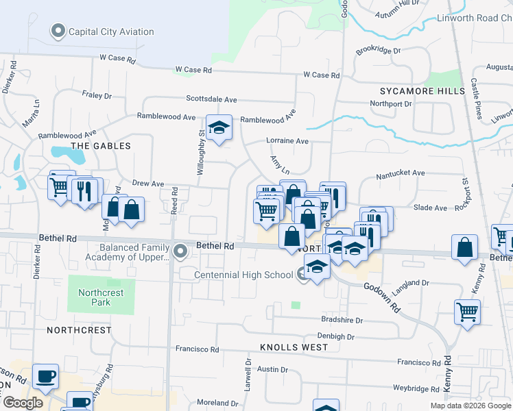 map of restaurants, bars, coffee shops, grocery stores, and more near 5324 Portland Street in Columbus