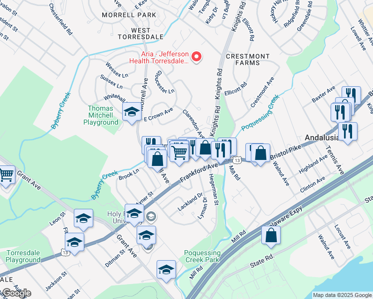 map of restaurants, bars, coffee shops, grocery stores, and more near 9953 Crestmont Avenue in Philadelphia