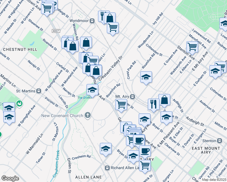 map of restaurants, bars, coffee shops, grocery stores, and more near 100 Roumfort Road in Philadelphia
