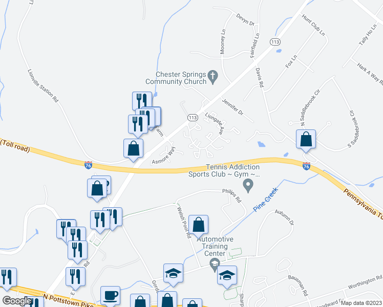 map of restaurants, bars, coffee shops, grocery stores, and more near 1506 Saint Johnsbury Court in Chester Springs