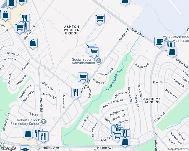 map of restaurants, bars, coffee shops, grocery stores, and more near 9300 Ashton Road in Philadelphia