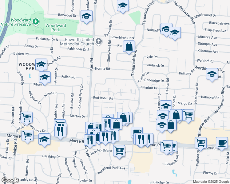 map of restaurants, bars, coffee shops, grocery stores, and more near 1690 Bob-O-Link Bend East in Columbus