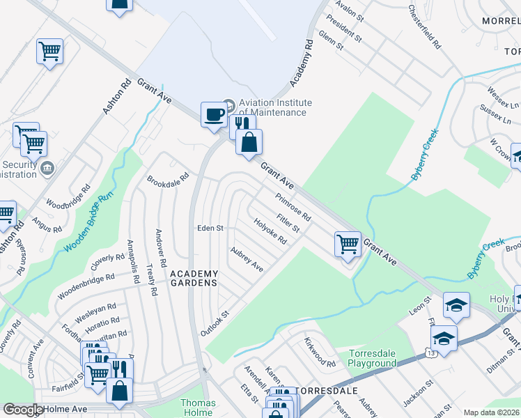 map of restaurants, bars, coffee shops, grocery stores, and more near 3414 Primrose Road in Philadelphia
