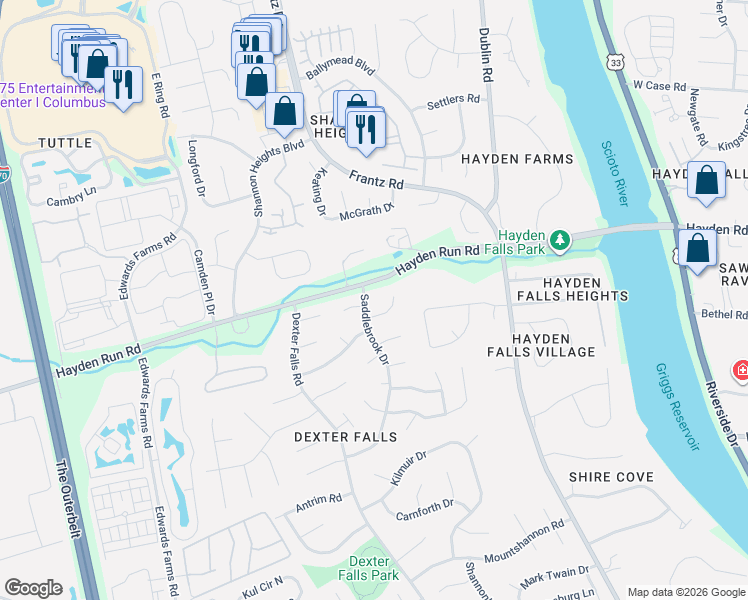 map of restaurants, bars, coffee shops, grocery stores, and more near 5508 Saddlebrook Drive in Columbus