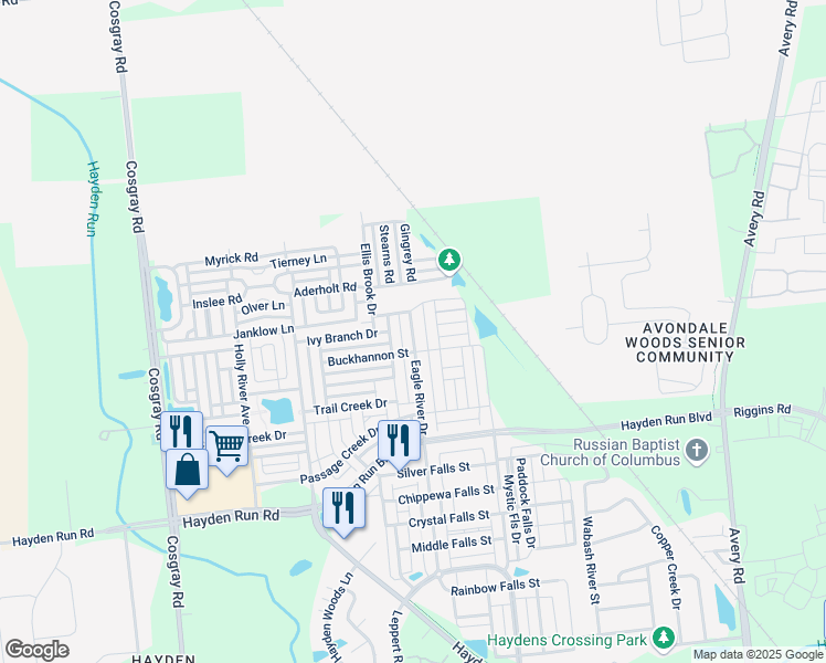 map of restaurants, bars, coffee shops, grocery stores, and more near 5742 Bowery Brook Way in Dublin