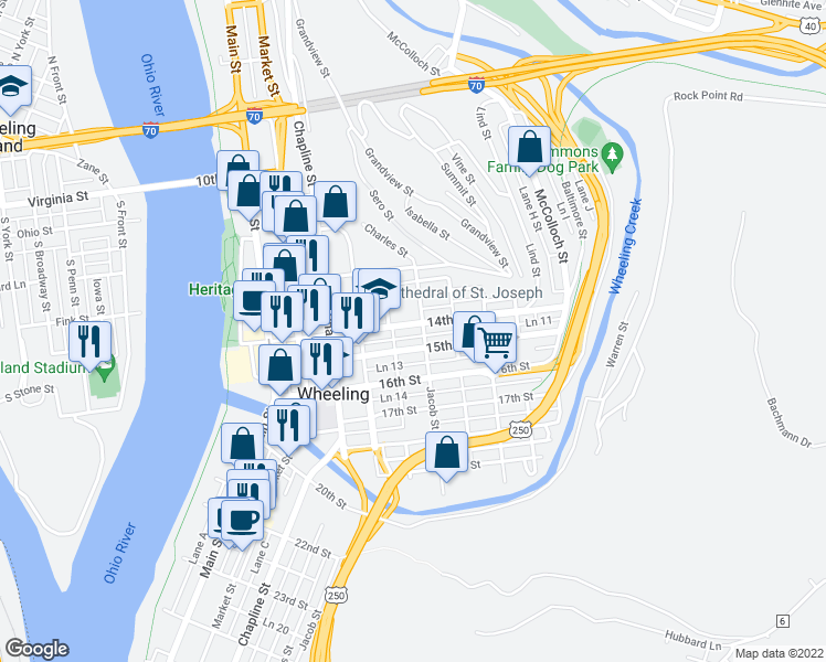map of restaurants, bars, coffee shops, grocery stores, and more near 98 14th Street in Wheeling