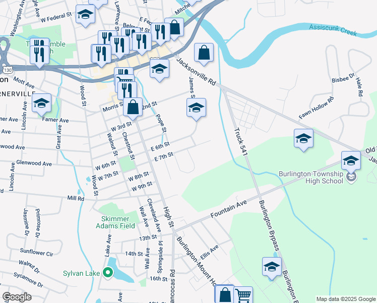 map of restaurants, bars, coffee shops, grocery stores, and more near 145 East 7th Street in Burlington