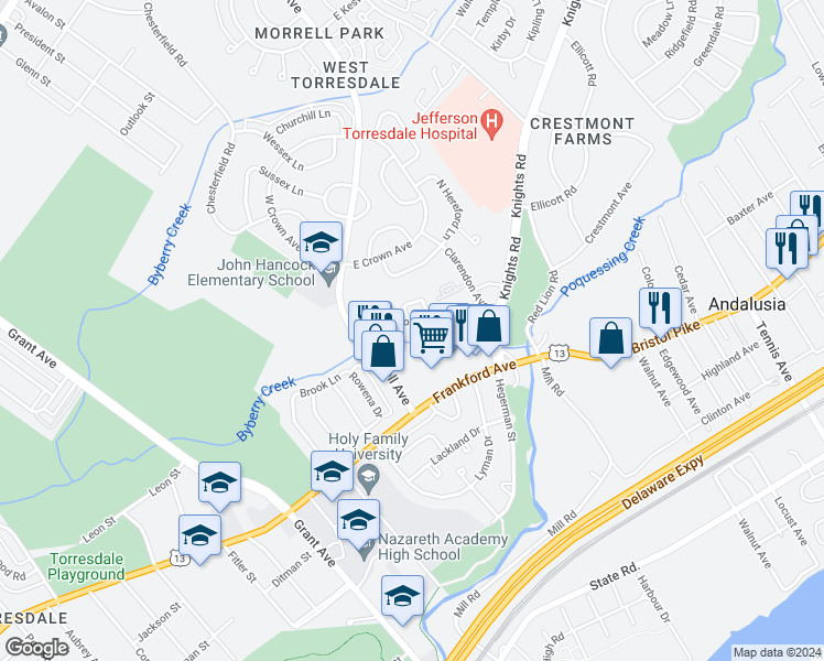 map of restaurants, bars, coffee shops, grocery stores, and more near 9917 Crestmont Avenue in Philadelphia