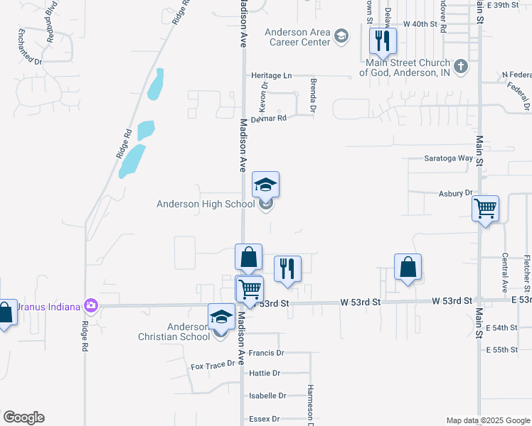 map of restaurants, bars, coffee shops, grocery stores, and more near 4610 Madison Avenue in Anderson