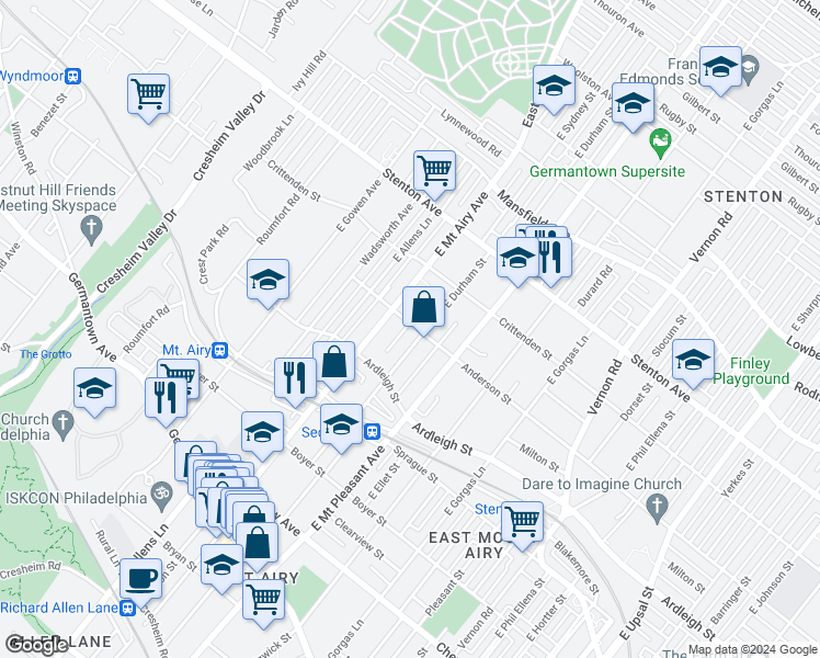map of restaurants, bars, coffee shops, grocery stores, and more near 437 East Durham Street in Philadelphia