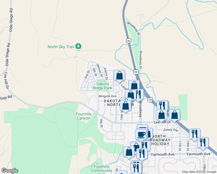 map of restaurants, bars, coffee shops, grocery stores, and more near 5050 Pierre Street in Boulder