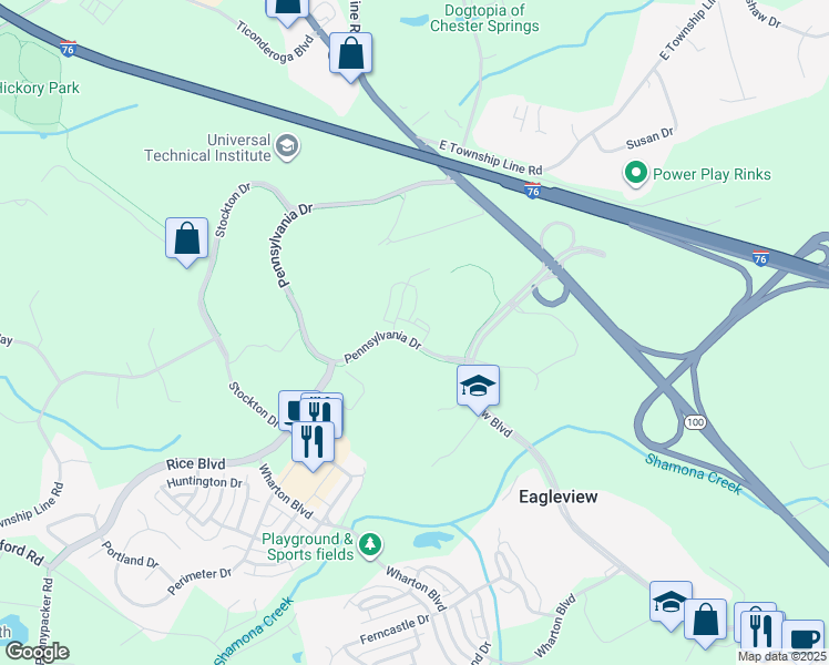 map of restaurants, bars, coffee shops, grocery stores, and more near 625 Pennsylvania Drive in Exton