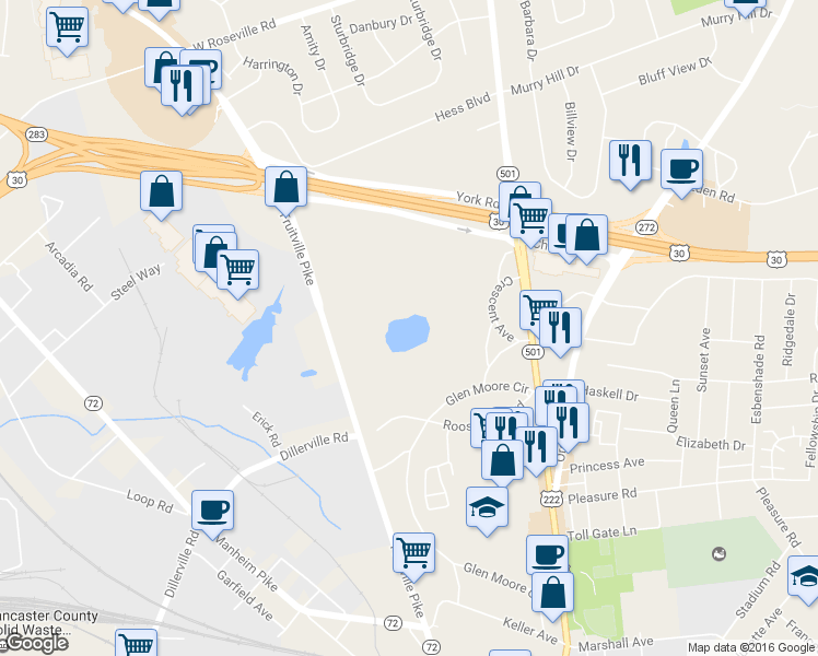 map of restaurants, bars, coffee shops, grocery stores, and more near 1589 Fruitville Pike in Lancaster
