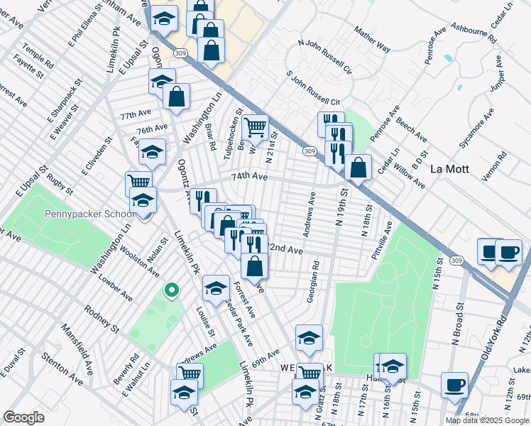 map of restaurants, bars, coffee shops, grocery stores, and more near 7269 North 21st Street in Philadelphia