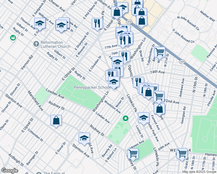 map of restaurants, bars, coffee shops, grocery stores, and more near 1859 East Washington Lane in Philadelphia