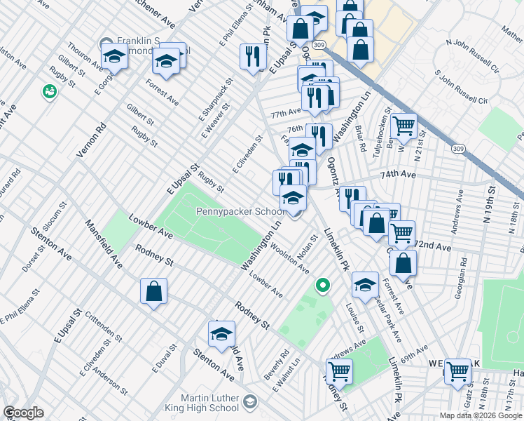 map of restaurants, bars, coffee shops, grocery stores, and more near 7434 Thouron Avenue in Philadelphia