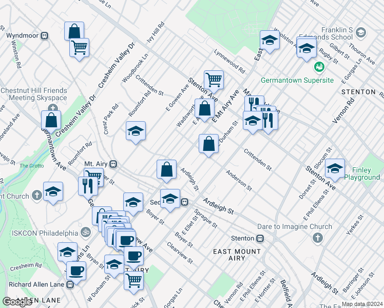 map of restaurants, bars, coffee shops, grocery stores, and more near 430 East Mount Airy Avenue in Philadelphia