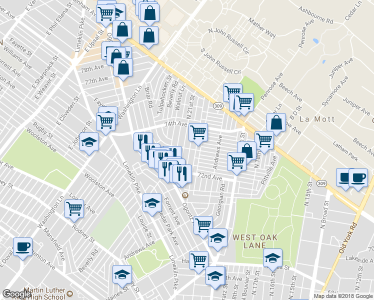 map of restaurants, bars, coffee shops, grocery stores, and more near 7269 North 21st Street in Philadelphia
