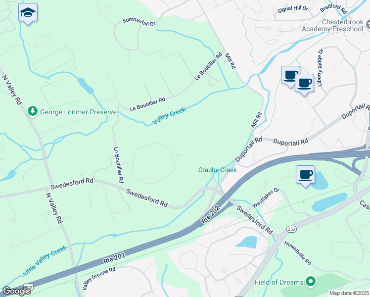 map of restaurants, bars, coffee shops, grocery stores, and more near 1380 Eaves Spring Drive in Malvern