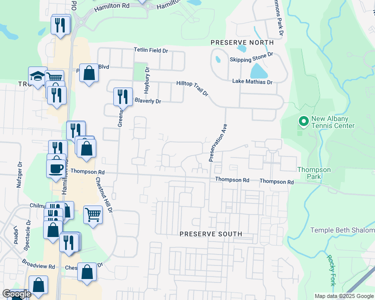 map of restaurants, bars, coffee shops, grocery stores, and more near 6220 Stonewalk Lane in New Albany