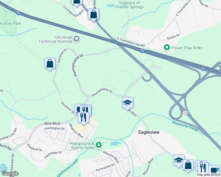 map of restaurants, bars, coffee shops, grocery stores, and more near 625 Pennsylvania Drive in Exton