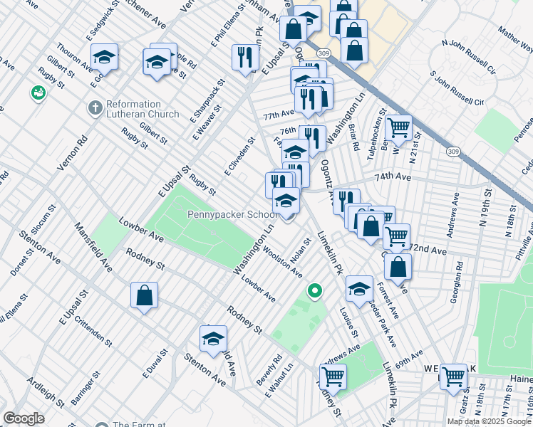 map of restaurants, bars, coffee shops, grocery stores, and more near 7413 Gilbert Street in Philadelphia